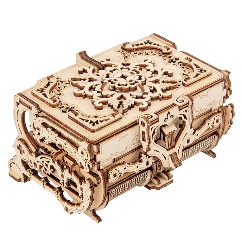 Laser Cutting 3D Wooden Puzzle Assembled Creative Mechanical Transmission Antique Jewelry Box Model Assembled Toy Gift