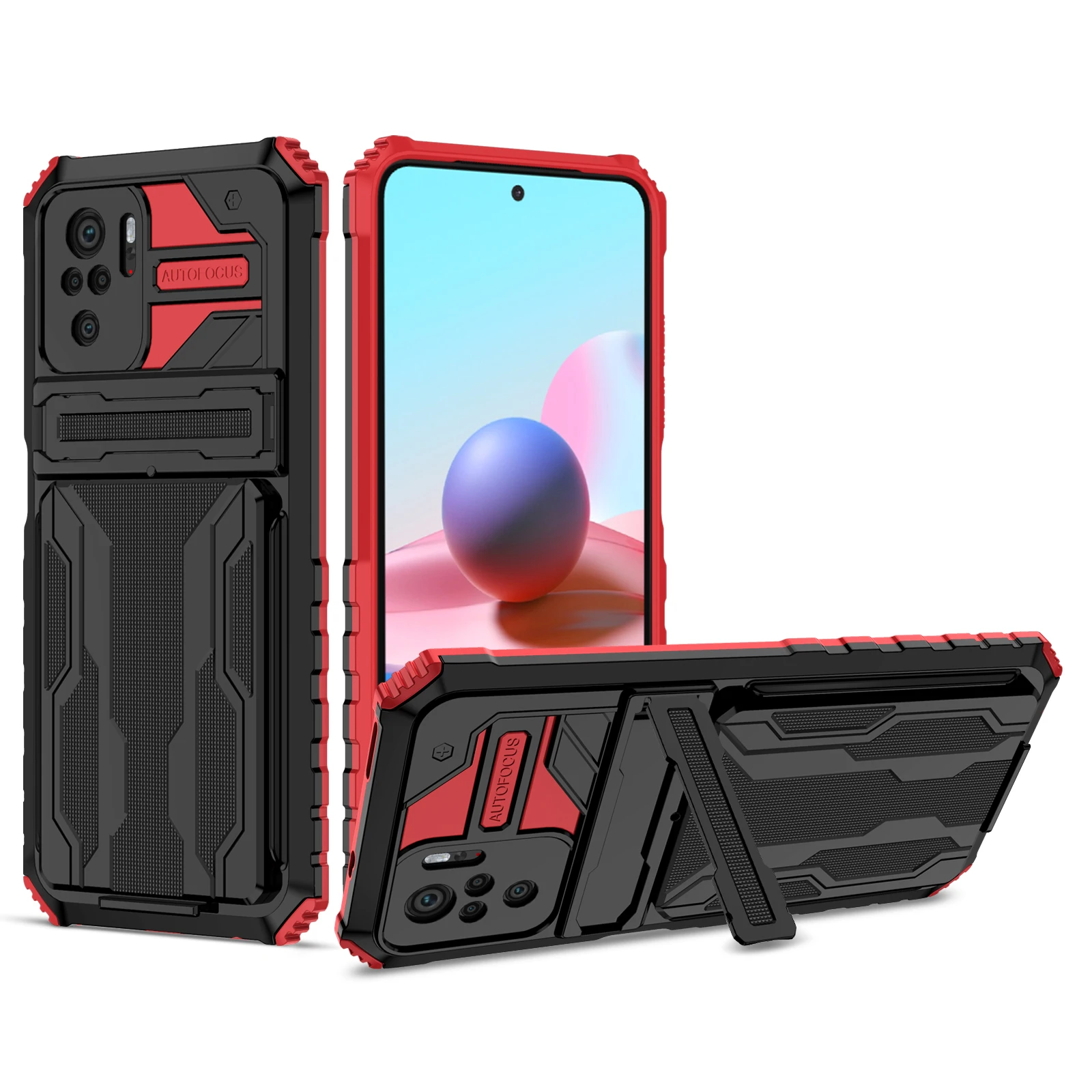 

Luxury TPU PC Hybrid Shockproof Phone Case with Detachable Card Holder and Kickstand For XIAOMI Redmi NOTE 10 4G, As pictures