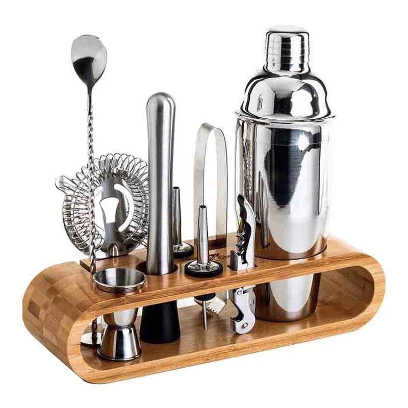 

wholesale factory Barware Tool Accessories Jigger Cocktail Shaker stainless steel bartender kit set with bamboo stand