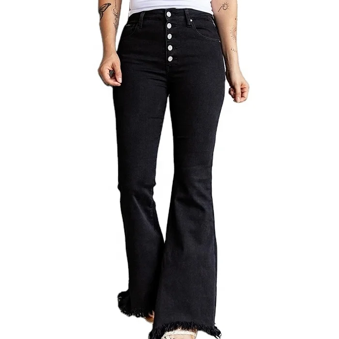 

Free Shipping Fashion New Frilled Button High Waist Trousers Flared Jeans Ladies Denim Jeans, Multi colors as pics shown