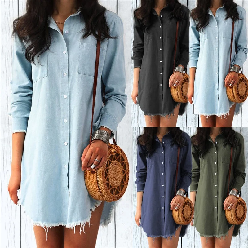 

Spring Autumn Good Quality Casual Vintage Non-stretch Jeans Long Blouse Dress Multi Colors Denim Women Shirts, Customized color