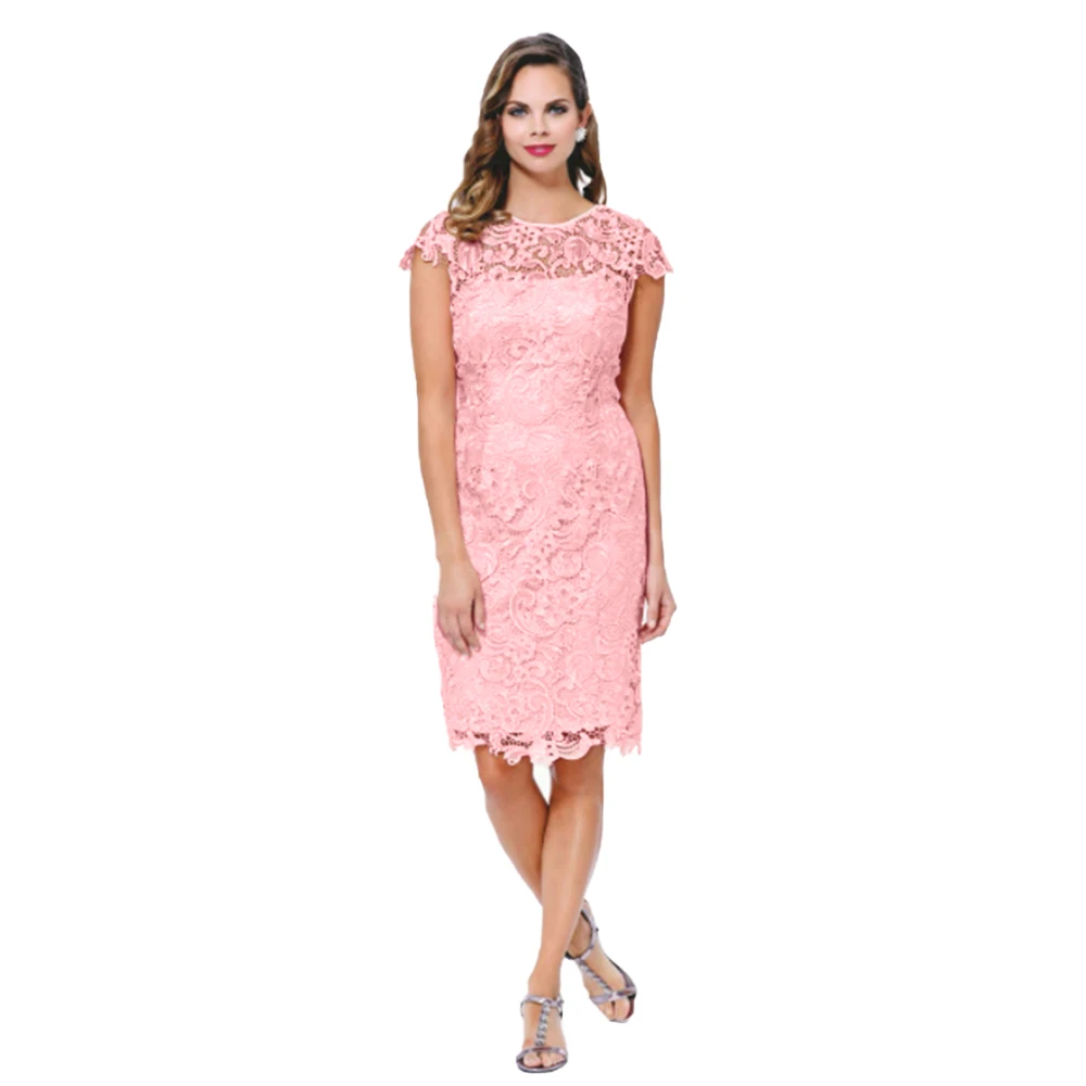 

Women Vestido Hollow Out Pink Solid Flowers Round Neck Embroidered Dress Short Sleeve Custom Elegant Midi Lace Casual Dress