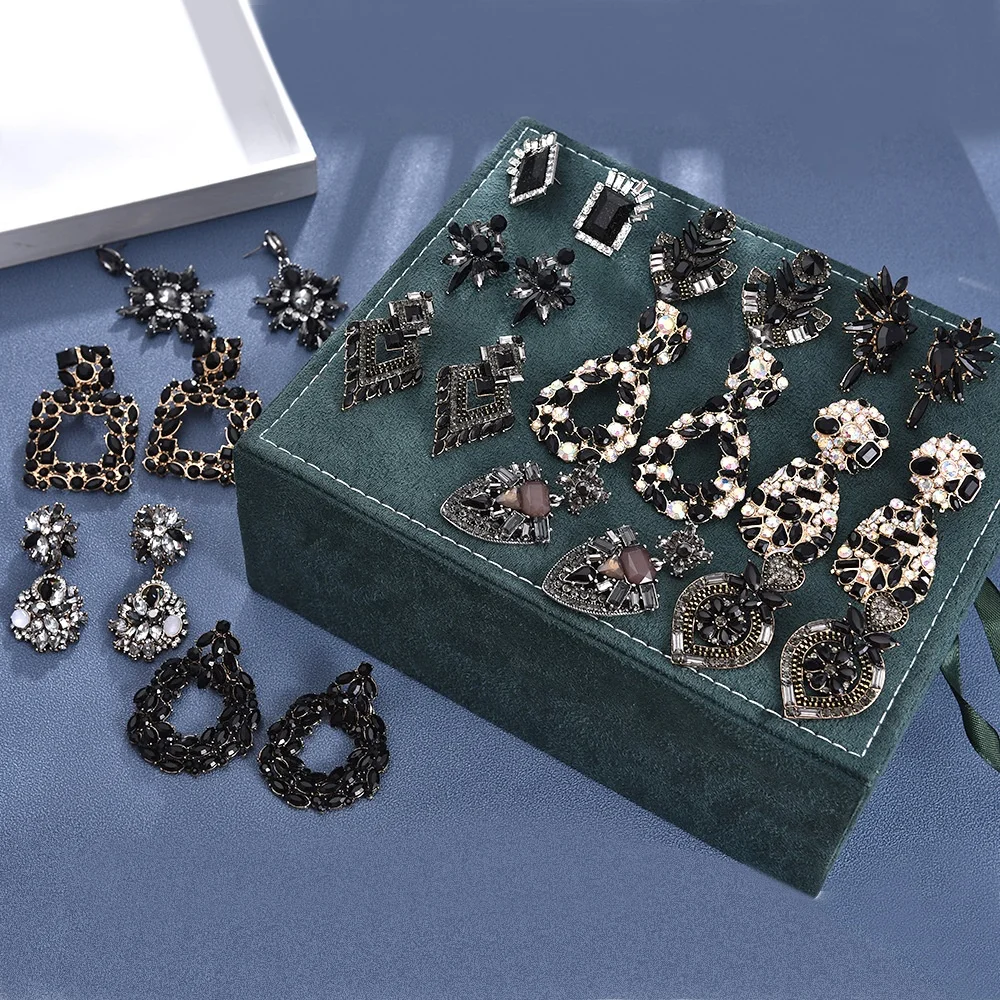 

Kaimei 2020 fashion new collection winter black dangle statement earrings geometric retro rhinestone diamond drop gold earrings, Many colors fyi