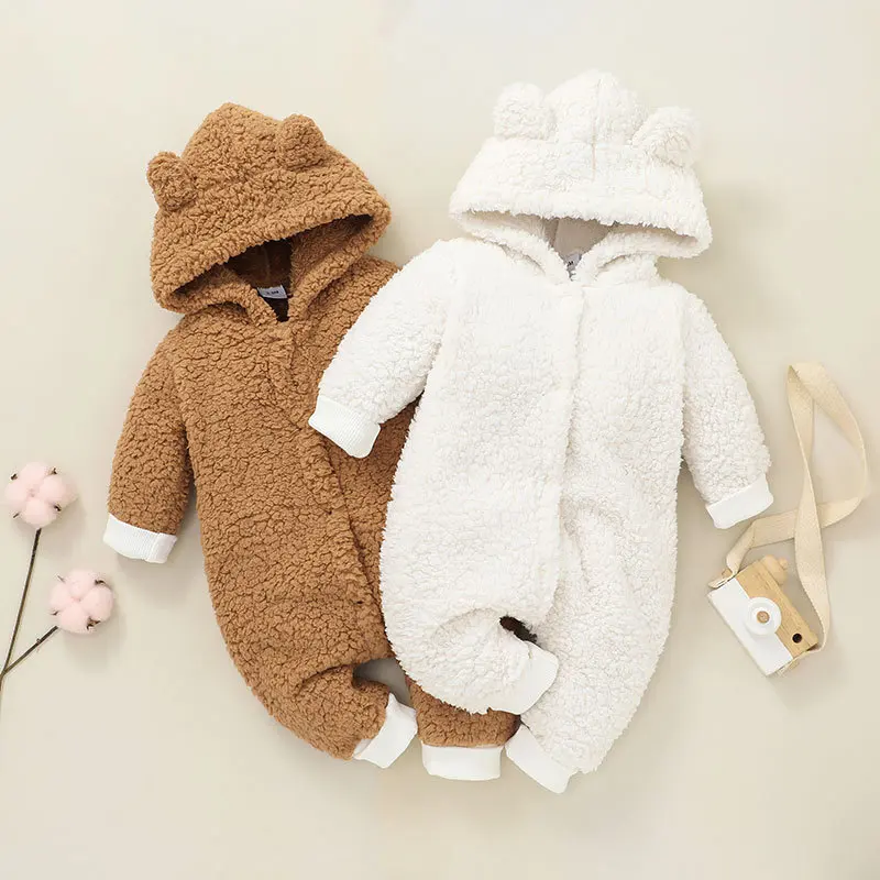 

New arrival thick baby winter cute hoodie bear solid colors rompers winter baby rompers newborn jumpsuits rompers, 3 colors