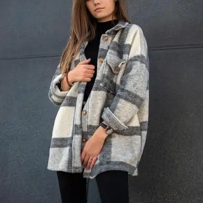 

Casual Winter Coat Women Ladies Yarn Dyed Plaid Coat Women Outdoor Spring Jackets Gray Coats for Women 2021