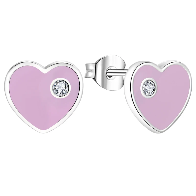 

Wholesale OEM ODM Custom Trendy Romantic Rhodium Plated Women Sterling Silver Mini White Zirconia Enamel Heart 925 Pink Earrings