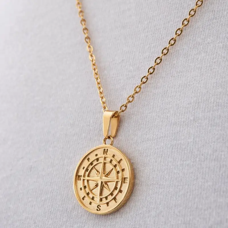 

Hip Hop Stainless Steel Round Coin Chain Vintage Jewelry Gold Compass Pendant Necklace for Women Men