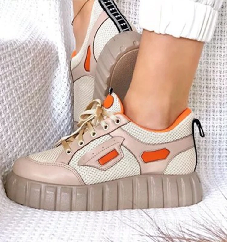 

Fall's most popular thick soled ladies breathable all-match sneaker and sport shoes, Brown,yellow,black,white