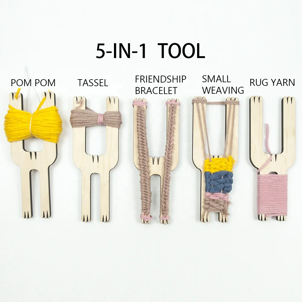 

5-in-1 loom for pompom/ weaving/ tassel/ cord/ rug yarn & bracelet maker tool, Natural wood color