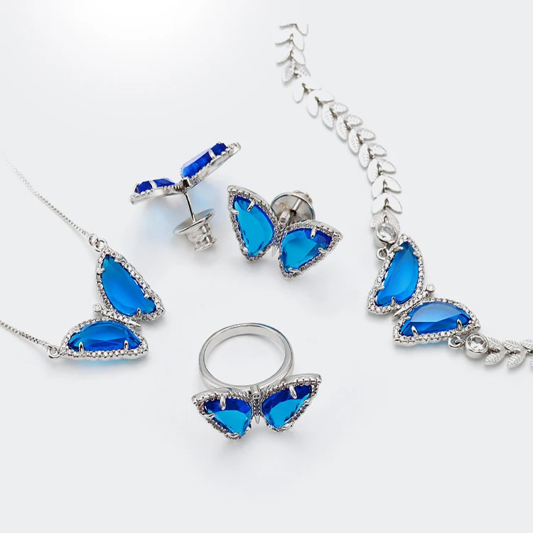

European And American Fashion New Color Zircon Butterfly Pendant Gold-Plated Glass Butterfly Necklace Set, Picture shows