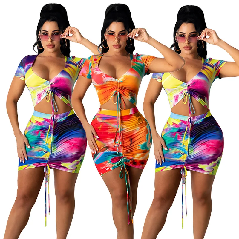 

Women Sexy Print Neon Clothing Drawstring Pleated Crop Top and Short Two Piece Sets, Customized color/as show