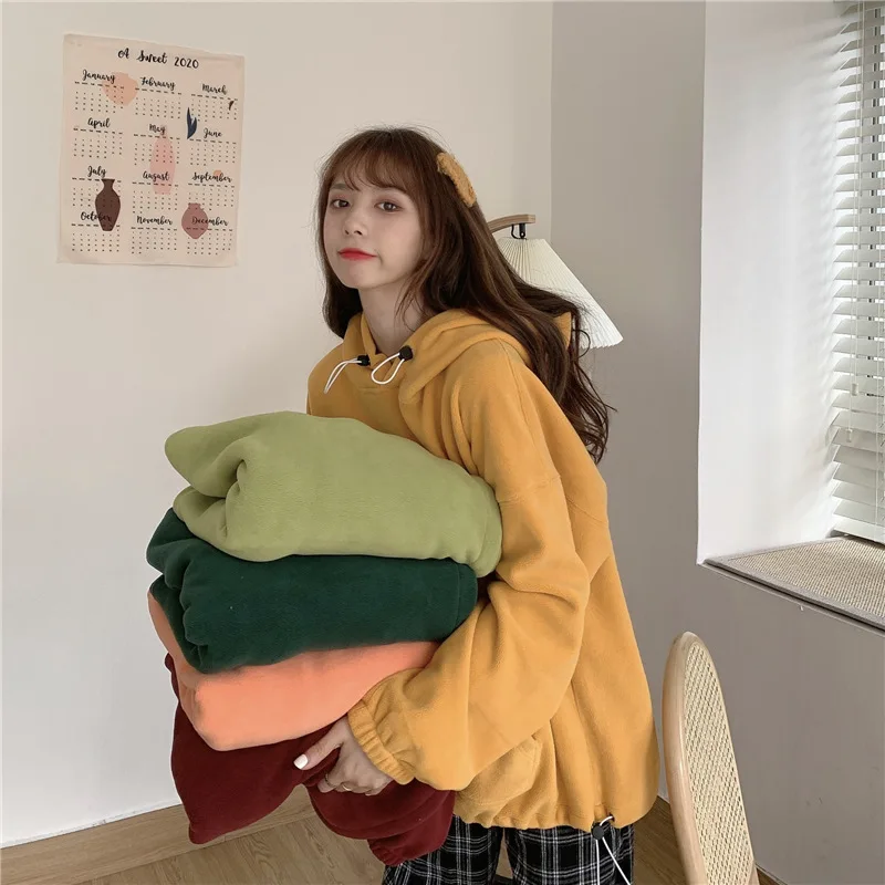 
hot selling winter women lazy loose sweatshirt plus size Plush fleece lamb plush hooded solid color sweater 