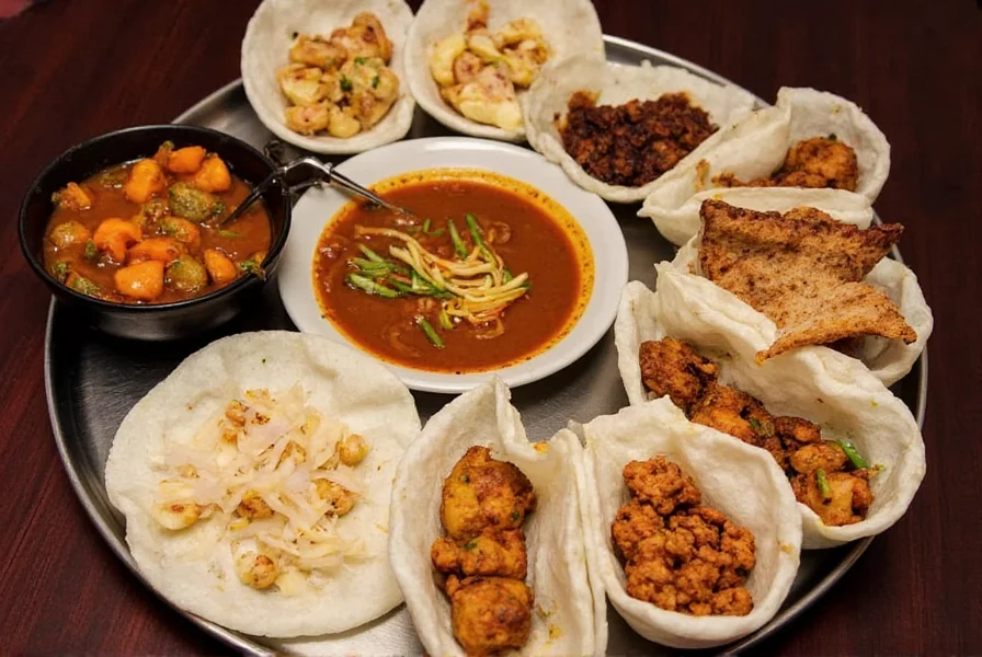 Traditional Indian thali platter showing multiple vegetarian dishes arranged around rice and breads