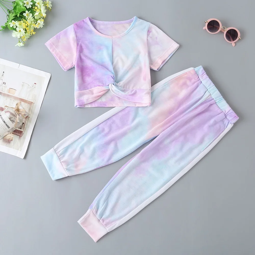 

Korean fashion tie dye printed top+casual long pants children girl clothing set, Customized