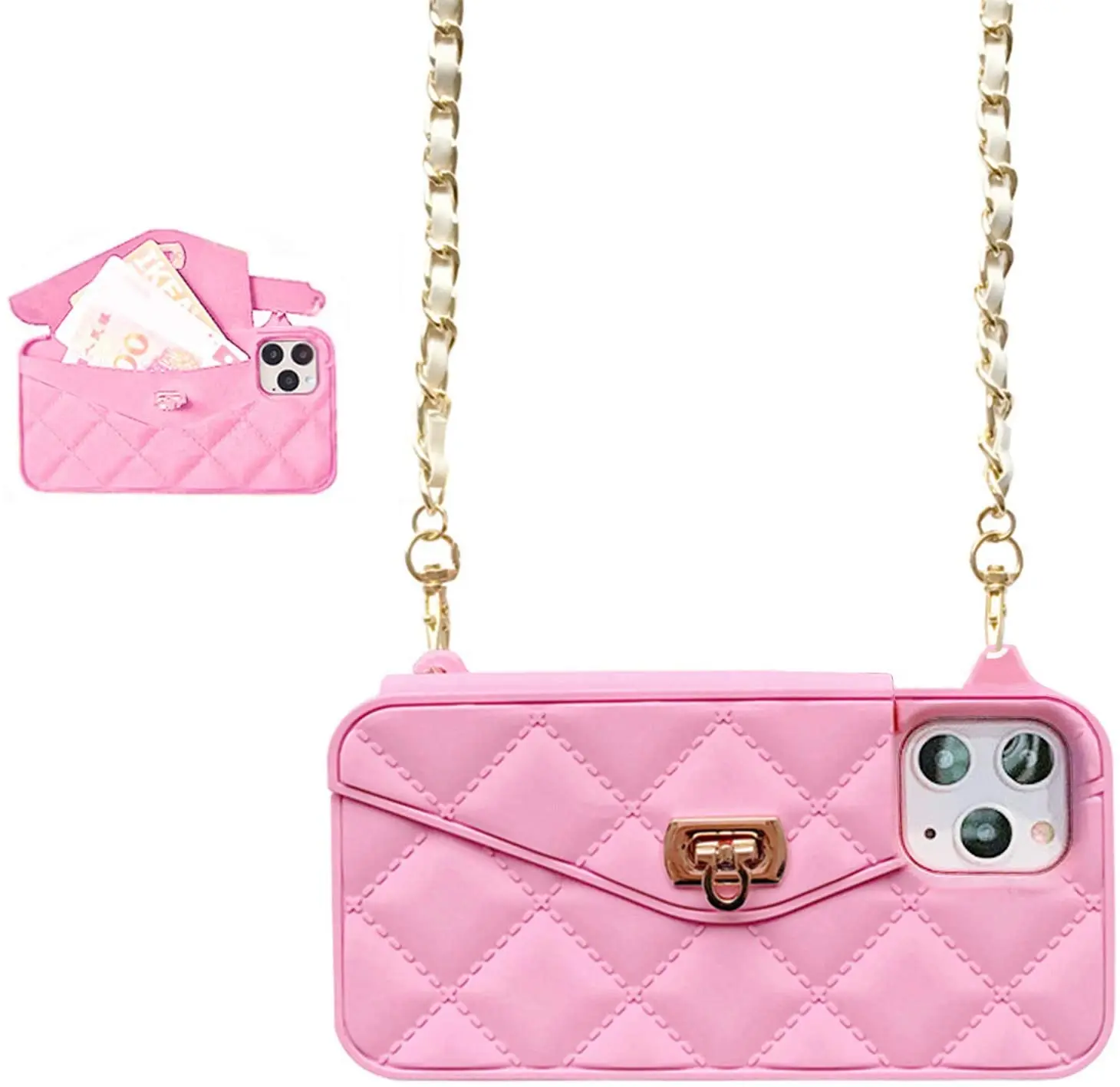 

Cute Wallet Case Light Luxury Bag Design Purse Flip Card Pouch Cover Soft Silicone with Long Shoulder Strap for iphone 13 12 11