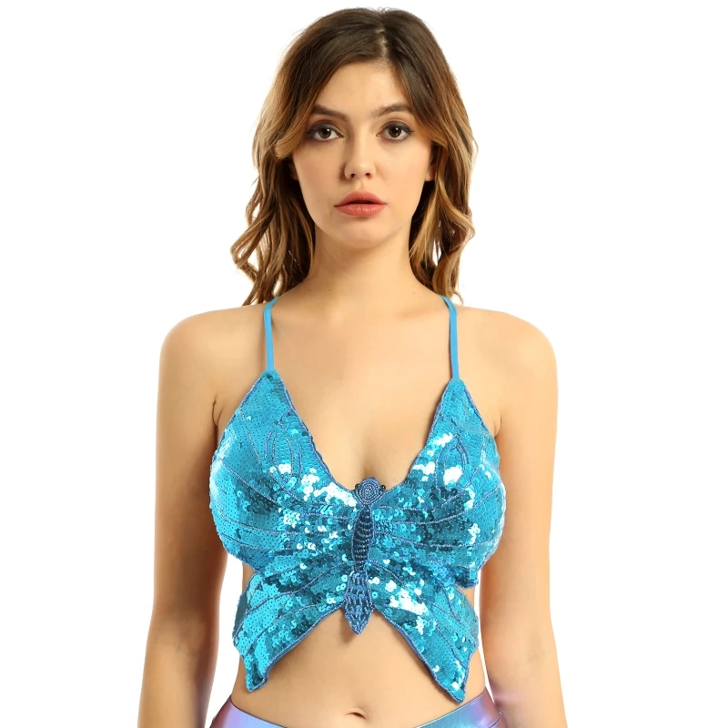 

iEFiEL Womens Shiny Sequin Butterfly Tops Shaped Lace-up Sleeveless Sexy Tank Top Belly Dance