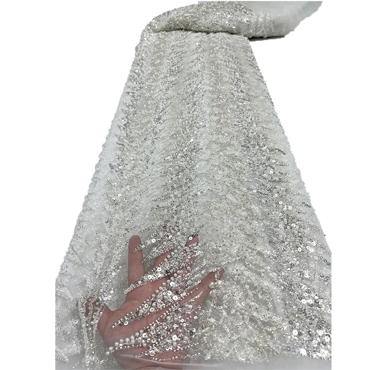 

French Tulle White Sequins Lace Beaded Lace Fabric Beads Embroidery Polyester Fabrics for Wedding