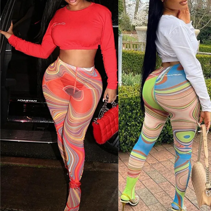 

2021 Multicolor Printed high waist mesh leggings sexy women tights pantyhose