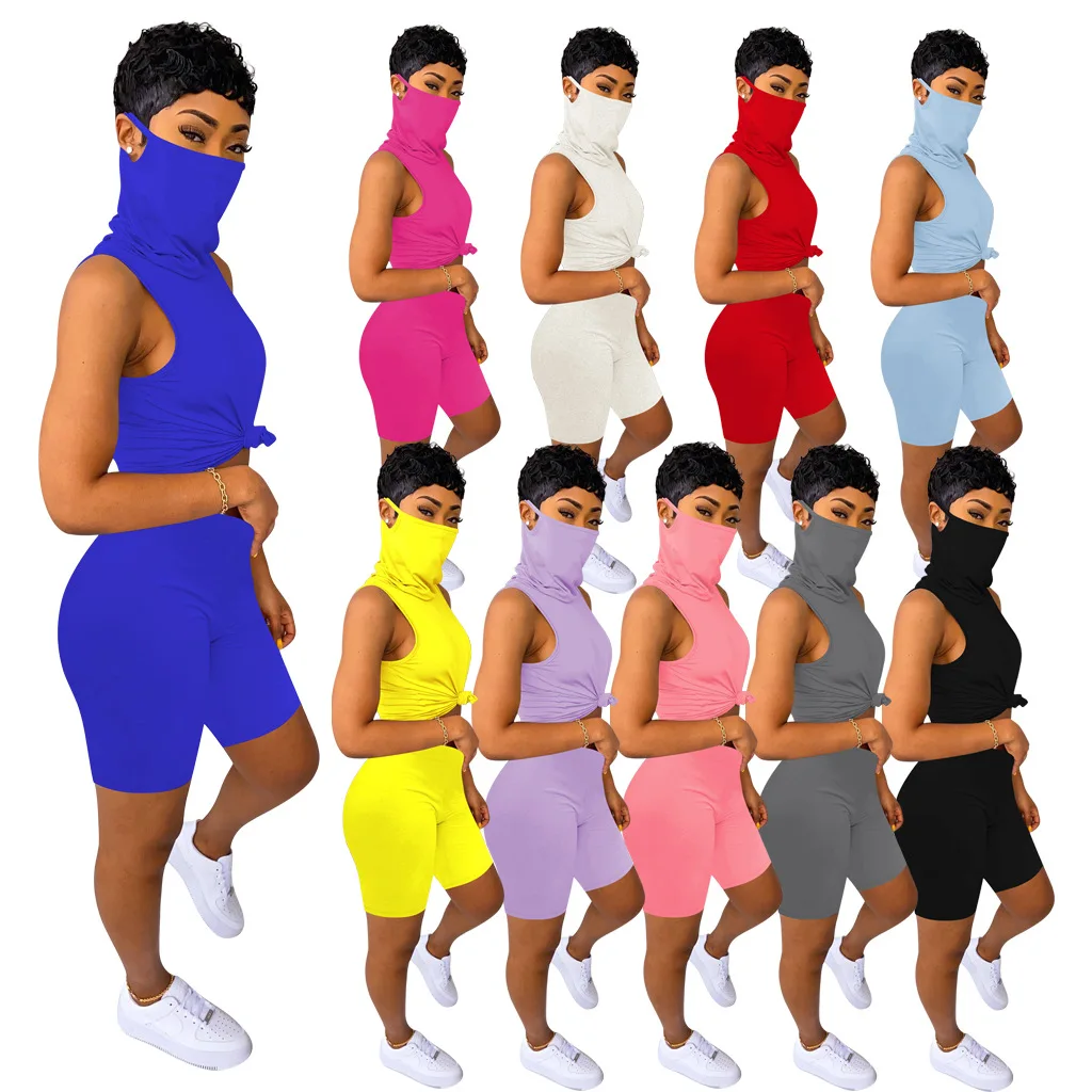 
2020 Summer Latest Women Casual Solid Tank Top With Face Cover And Shorts Clothes Workout 2 Pieces Set Clothing Tracksuit 