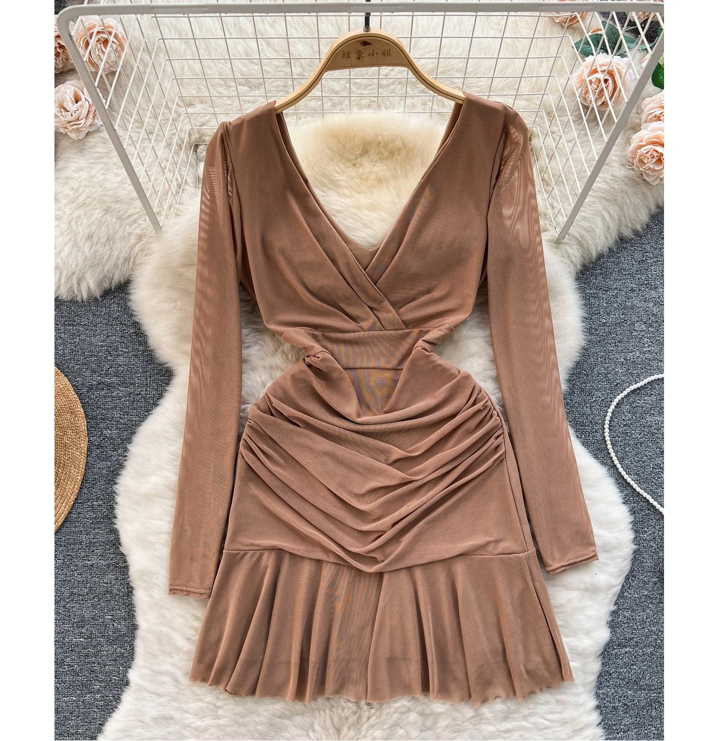 

Women's Spring See-through Mesh Long Sleeve Pleated Slim Ruffle Short mini Sexy Dresses