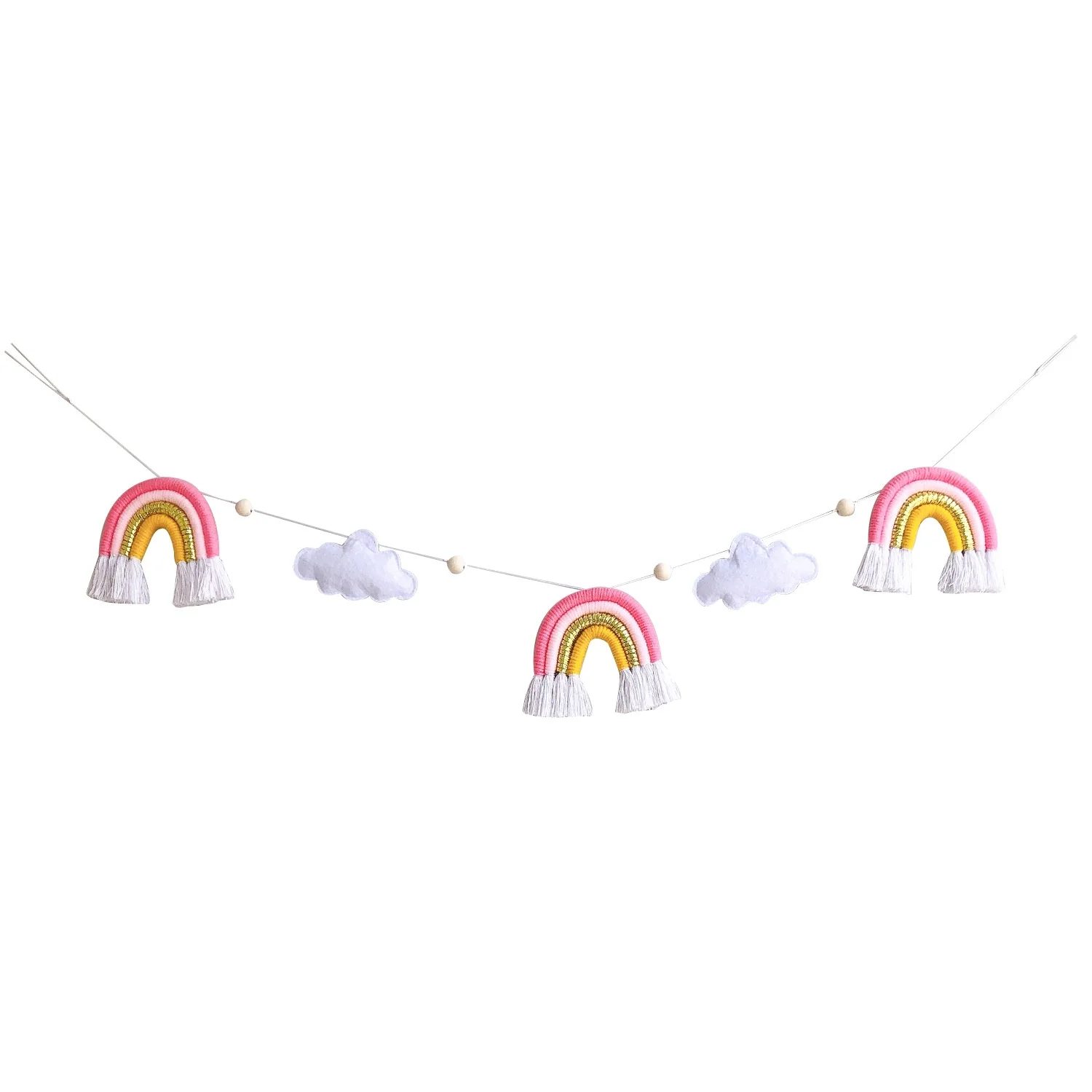 

Handmade Macrame Rainbow Tassel Wall hanging White Cloud Wooden Beads Wall Decor for Nursery Kids Room Home Decor, As photo showing