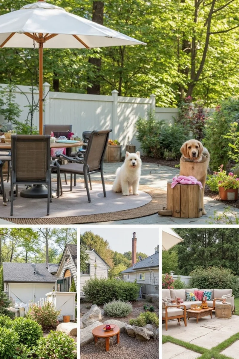 Two cats perched on a multi-level wooden cat tree in a sunny backyard