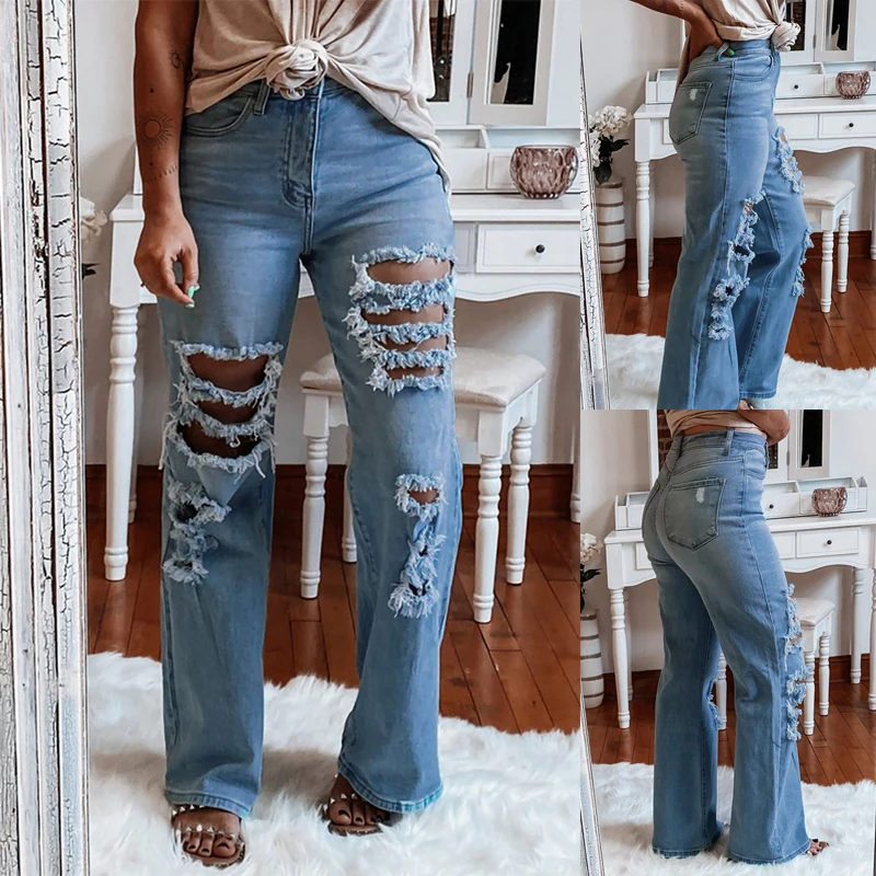 

2021 Wholesale Women Clothing High Waist Bell Bottom Ripped Flare Wide Leg Women Jeans, Customized high waist ripped jeans