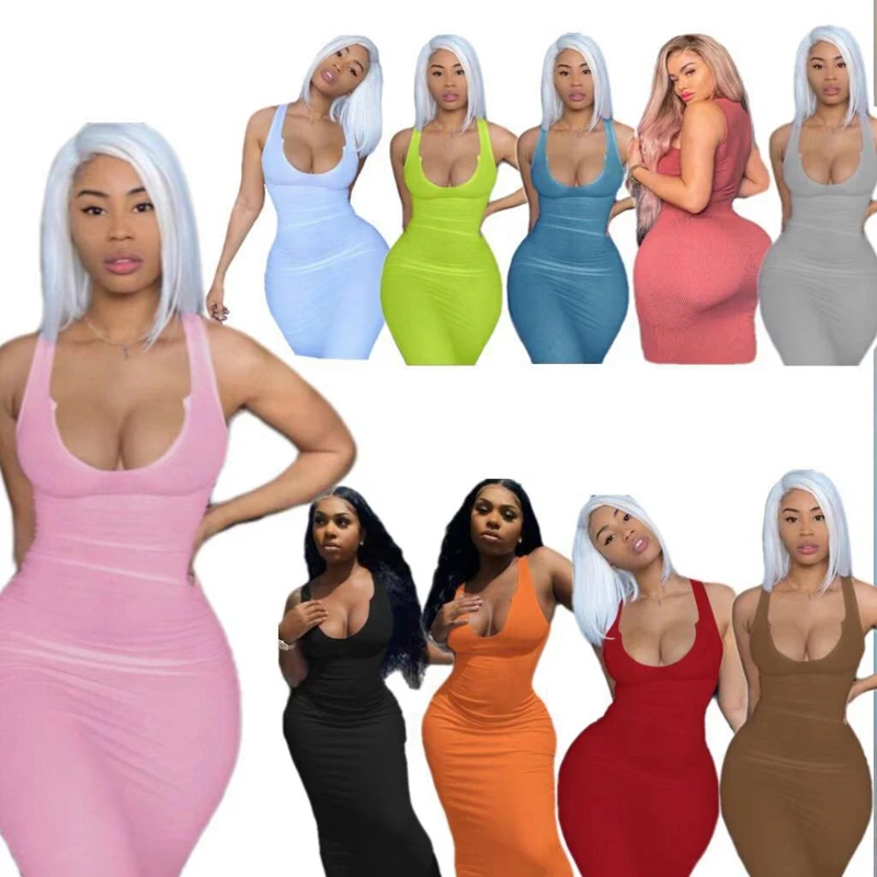 

BL21D1118 2021 Summer Rib Knit Pencil Skirt Bodycon Sun Dress Long Maxi Plus Size Dresses Women Casual Dress, Picture color