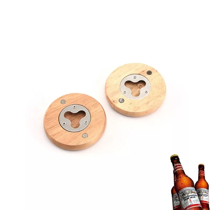 

customized logo magnetic round coaster beer bottle opener wood, Natural wooden color