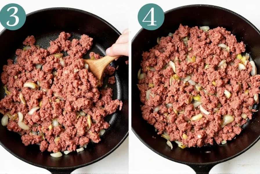 Step-by-step process of making chili showing browning ground beef in cast iron pot with onions and garlic