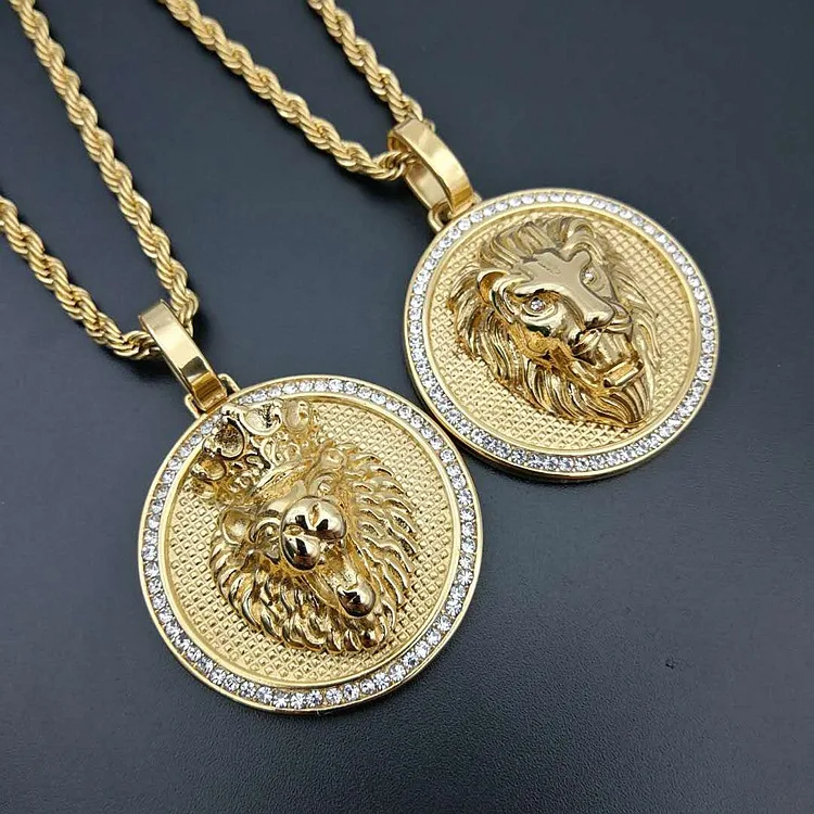 

Hip Hops Iced Out Three Dimensional Animal Head Pendants Gold Color Titanium Steel Crystal Paved Lion Head Necklace Pendant