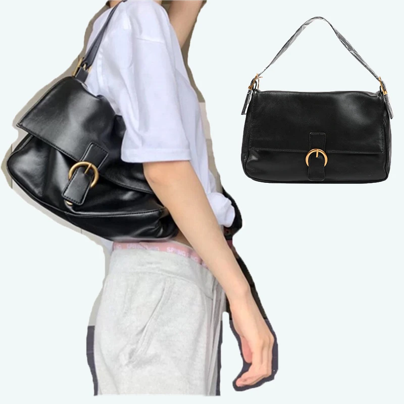 

2021 new fashion black soft leather underarm large capacity shoulder baguette bag