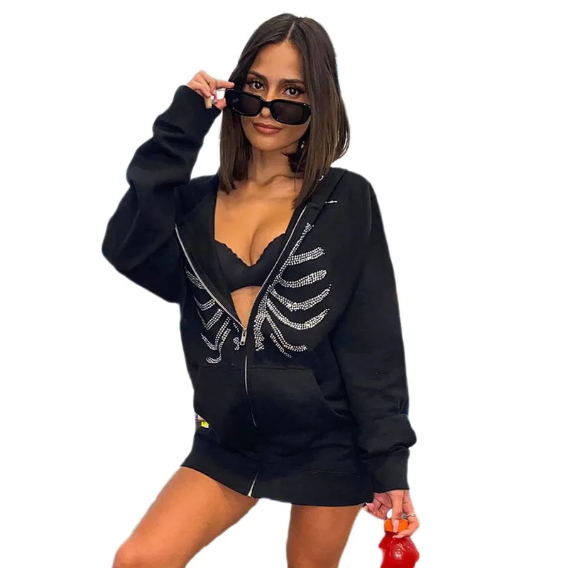 

Rhinestone Skeleton Zip Up Over sized Sweatshirts 2021 Summer Goth Hoodies Women Grunge Hooded Jacket Street wear Retro Clothe