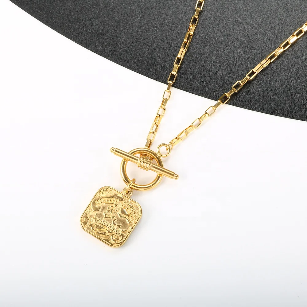 

Vintage Gold Plated Stainless Steel OT Buckle Toggle Necklace Geometric Square Medallion Pendant Necklace Jewelry for Women, Gold color