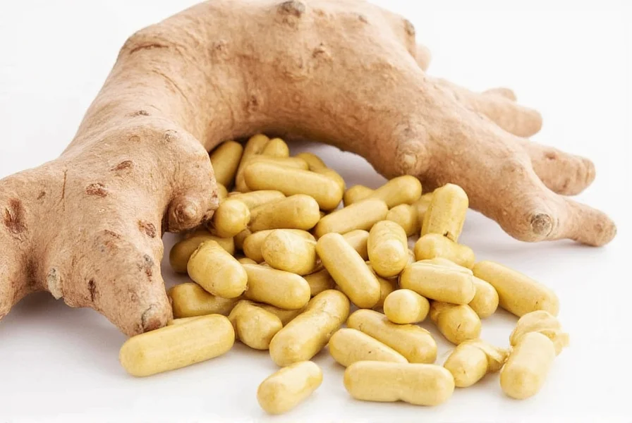 Comparison of different ginger supplement forms showing capsules, tablets, and extracts with labeling details