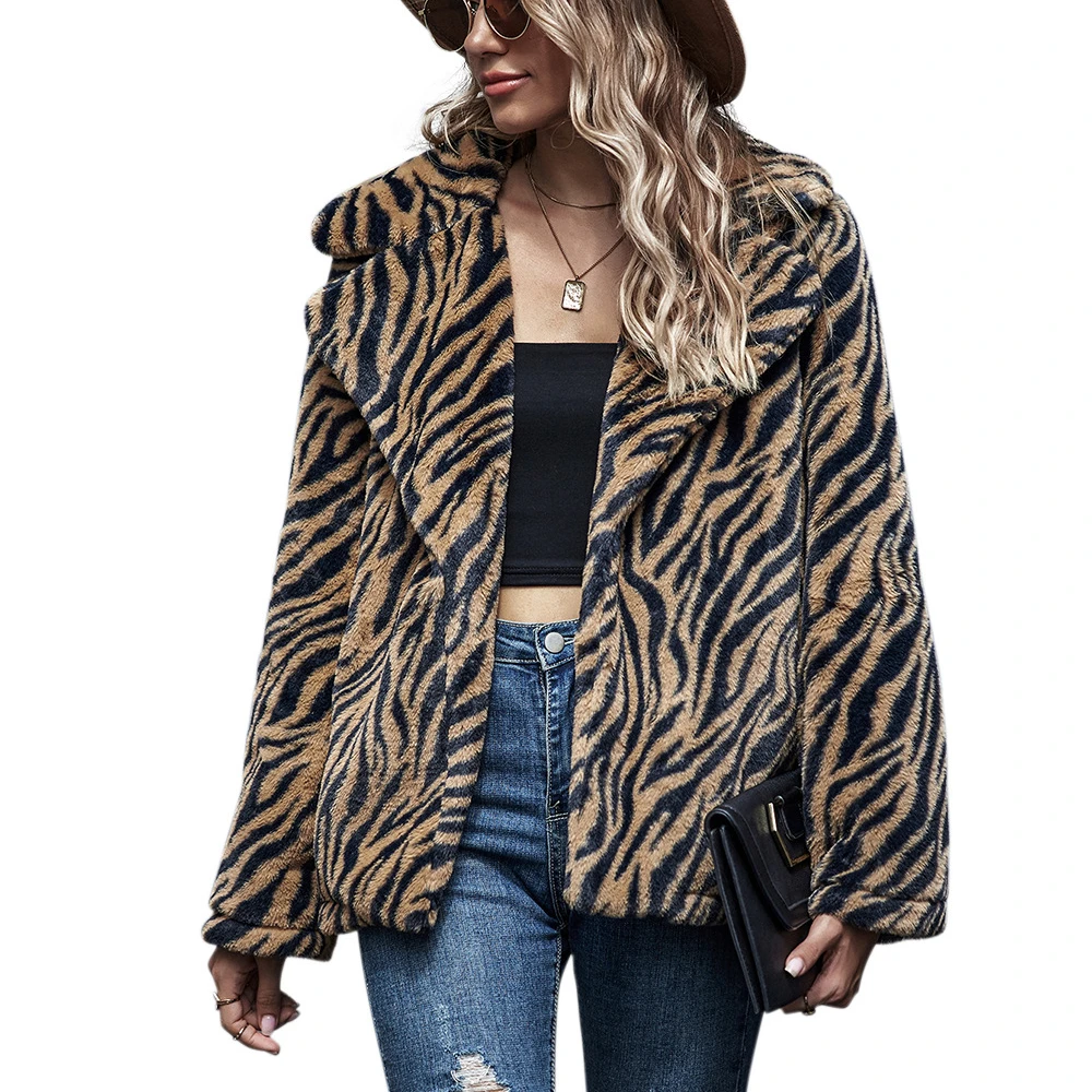 

Hot sale women's autumn fashion tiger print long sleeve lapel jacket Warm Soft Faux Fur Coat Leopard Print Winter Plush Overcoat, Shown