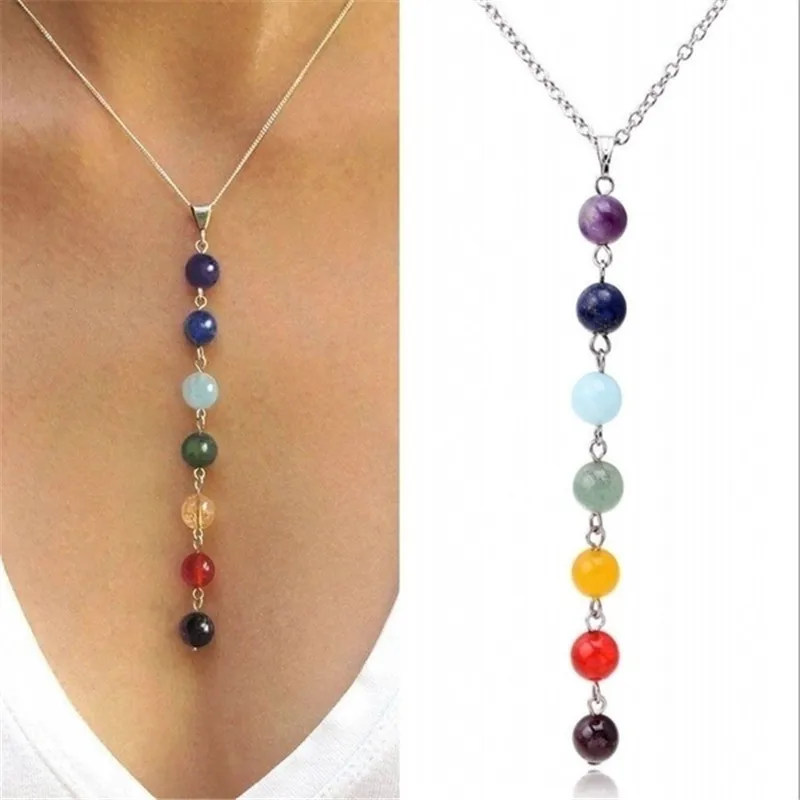 

7 Chakra Gem Stone Beads Pendant Necklace Women Yoga Reiki Healing Balancing Maxi Chakra Necklaces Bijoux Femme Jewelry 2020 New, Gold