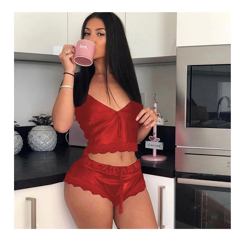 

9074 Wholesale women two piece lingerie sgirls sleepwear pajamas girls sleepwear v neck sexy lingeries cute lingerie set, Red, black, pink