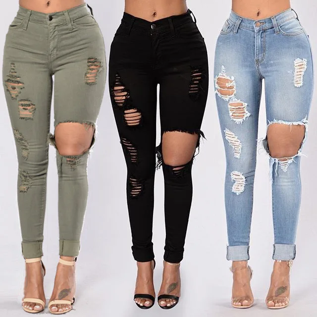 

2021 Bulk Wholesale High Waist Female Army Blue Black Ripped Destroy Denim Skinny Pants Jeans For Women