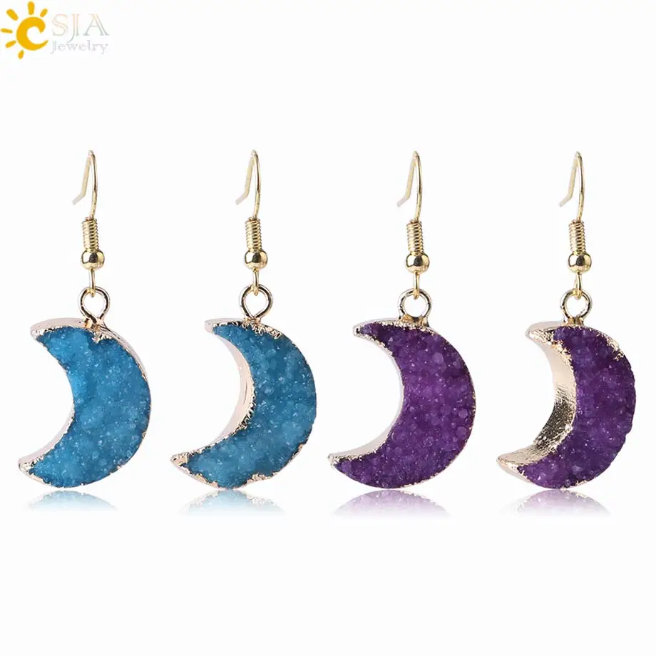 

CSJA fashion natural druzy statement drop earrings crescent moon women dangle earrings jewelry F970