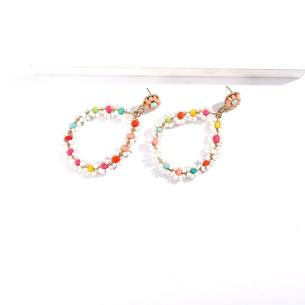

2021 Girls Bohemian Flower Shape Beaded Boho Earrings Handmade Vintage Crystal Temperament Gold-plated Geometric Earrings, Colorful