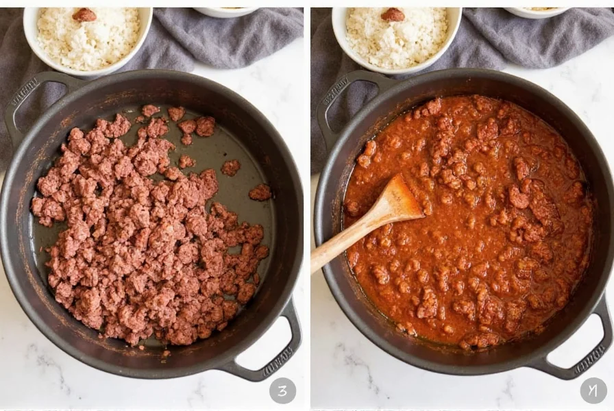 Step-by-step preparation of 5 ingredient chili showing browning ground beef in a pot