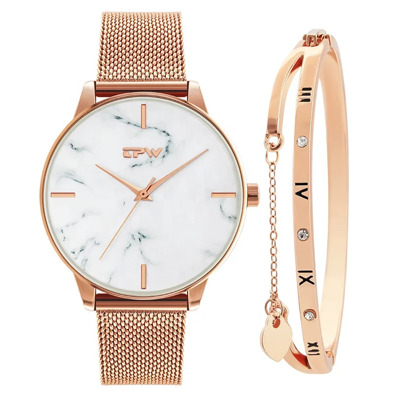 Marbling ladies wristwatch accessory wholesaler small MOQ rose gold bangle free gift bag woman bracelet watch 3 ATM