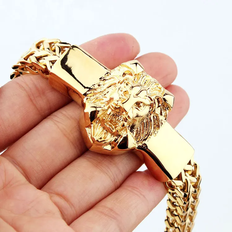 

The Hottest Double Chain Lion Head 18k Gold Stainless Steel heavy Chunky franco chain Cuban Link Bracelet, Gold/steel