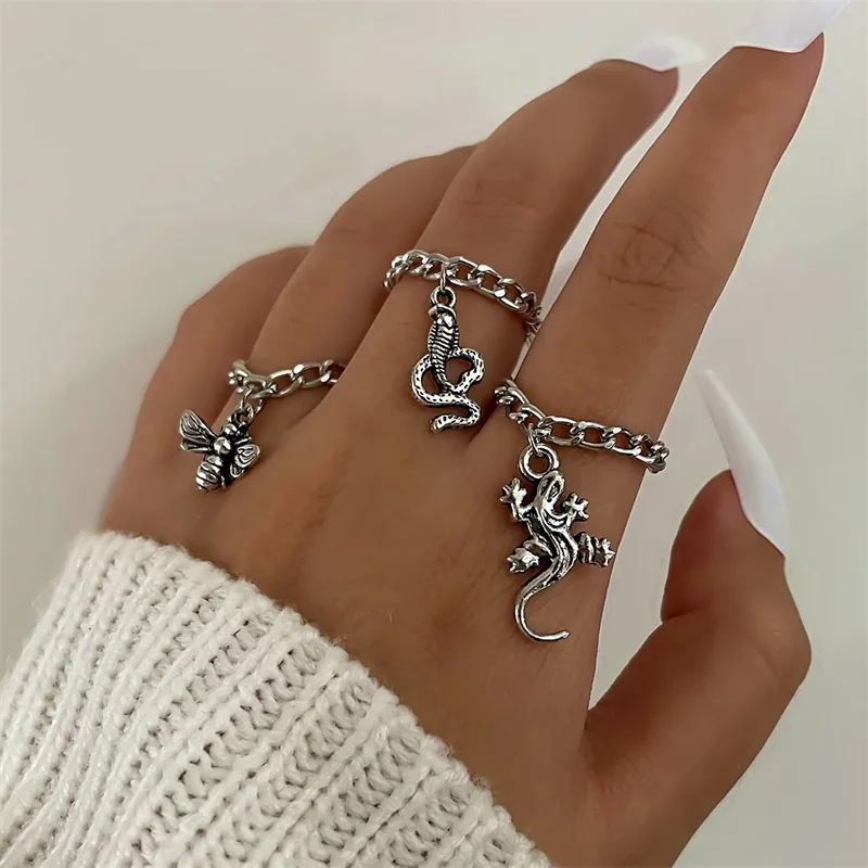 

3 Pcs/Set European American Cross Border Jewelry Personalized Combination Ring Set Lizard Snake Bee Punk Fashion Joint Ring, Silver
