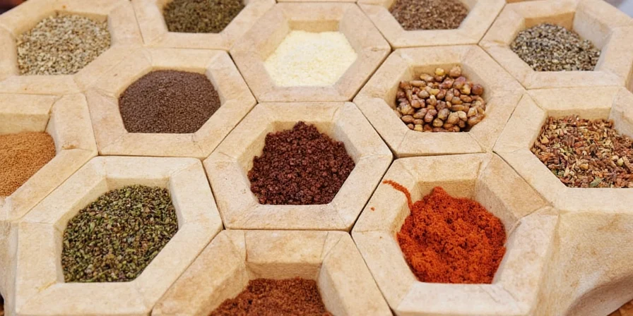 Spice grinder set with various spices inside