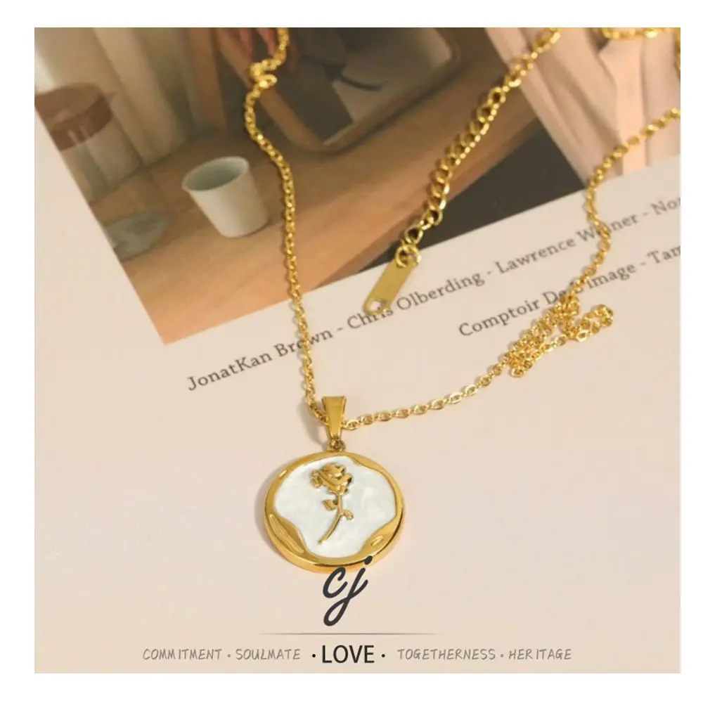 Carline 18K Gold Plated Stainless Steel Necklace with Trendy Rose Pendant Link Chain Wedding Jewelry Coin for Women