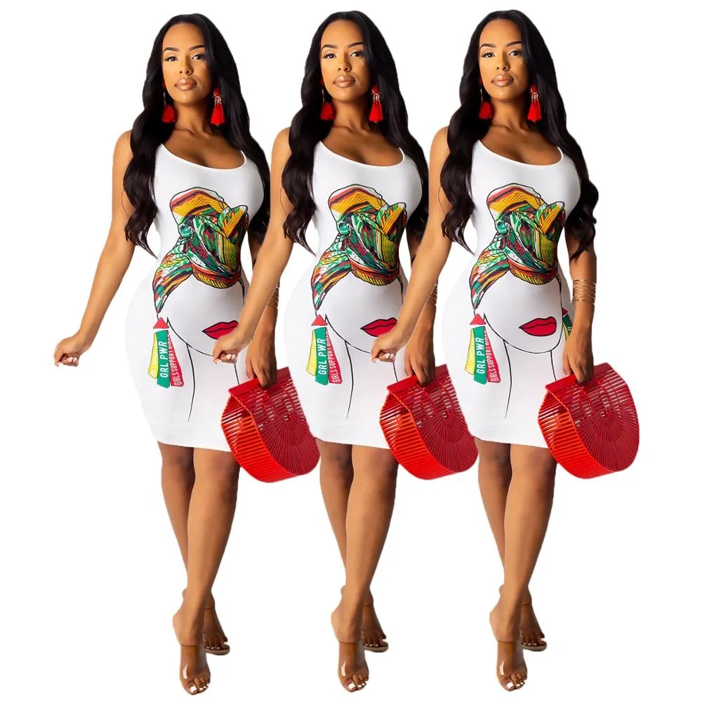 

2021 New style summer dresses cute printing tight white dress for women
