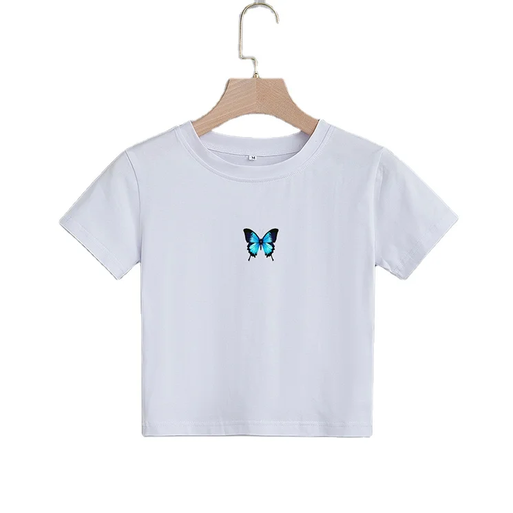 

summer women clothing crop top white custom printing butterfly graphic tshirt