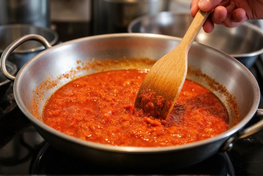 Chef's hand stirring chili paste into vibrant red sauce in stainless steel pan for cooking demonstration